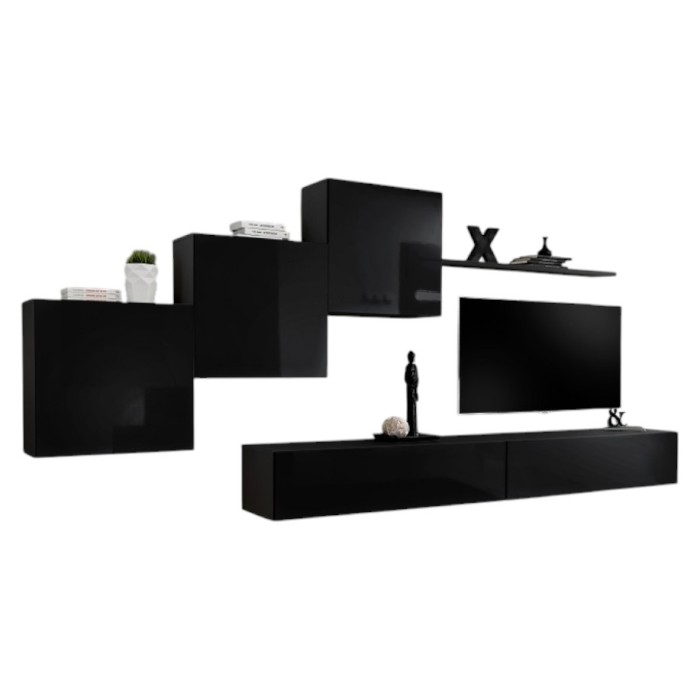 Ensemble meuble salon mural SWITCH X design, coloris noir brillant.