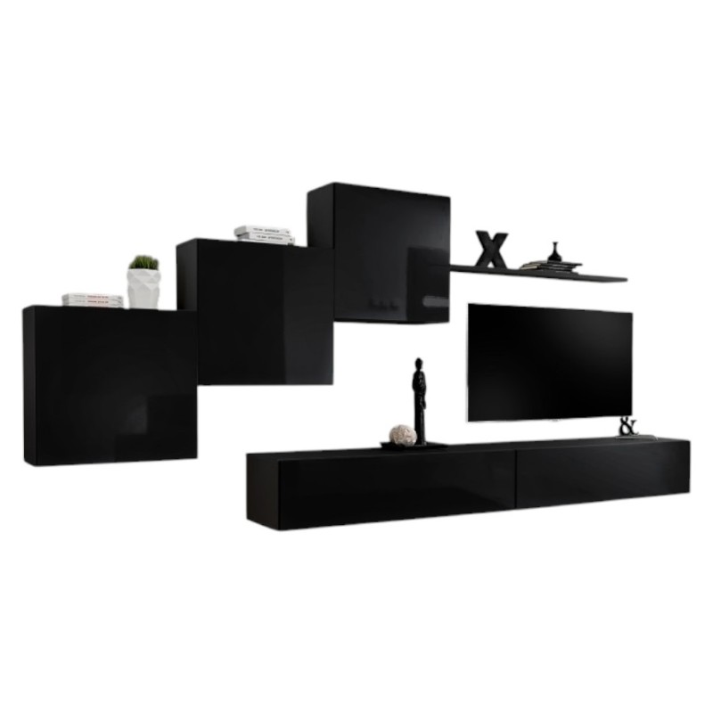 Ensemble meuble salon mural SWITCH X design, coloris noir brillant.