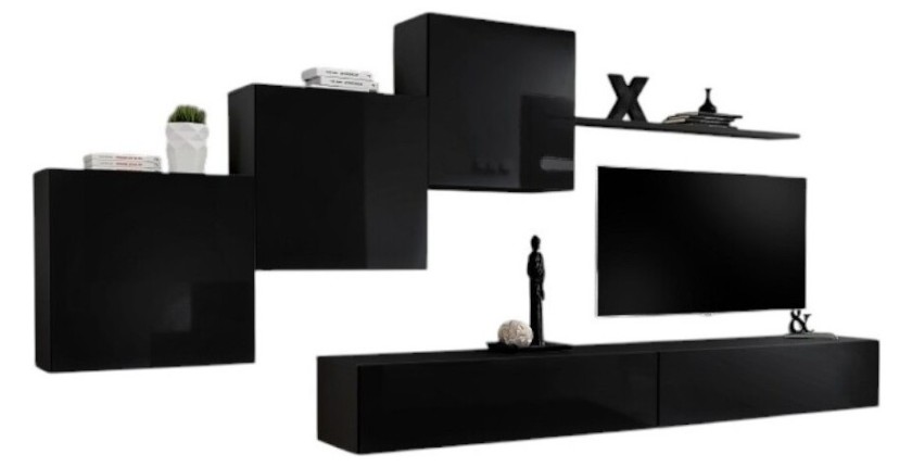 Ensemble meuble salon mural SWITCH X design, coloris noir brillant.