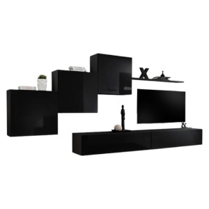 Ensemble meuble salon mural SWITCH X design, coloris noir brillant.