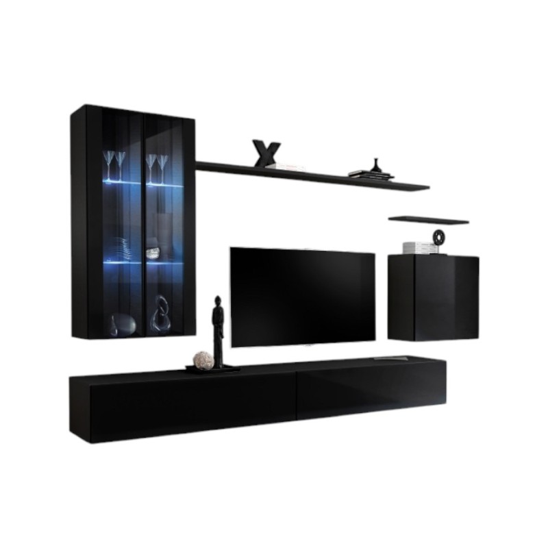 Ensemble meuble salon mural SWITCH XII design, coloris noir brillant.