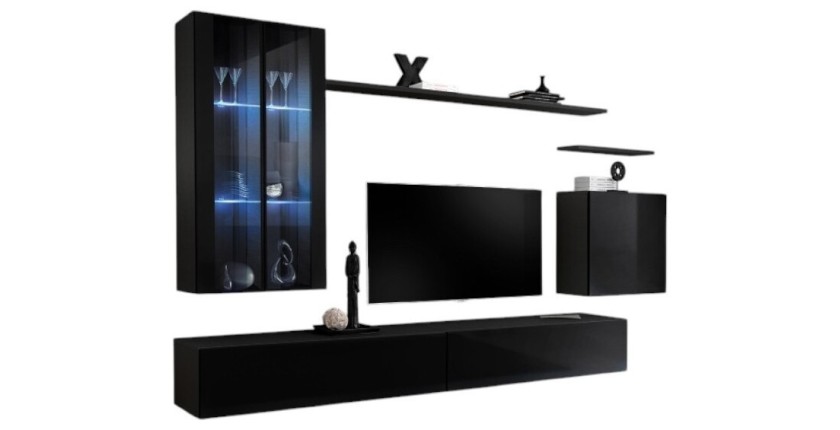 Ensemble meuble salon mural SWITCH XII design, coloris noir brillant.