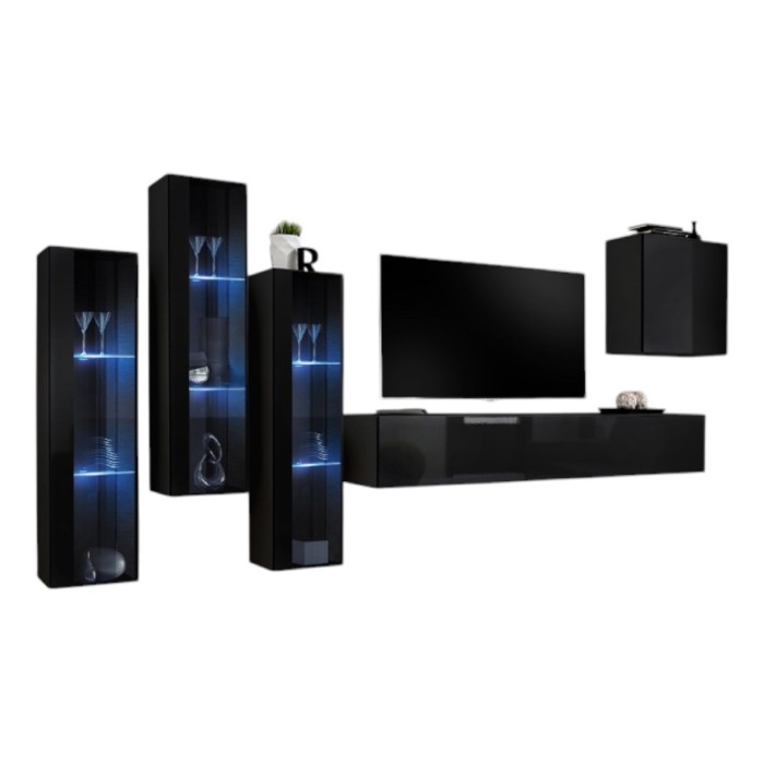 Ensemble meuble salon mural SWITCH XIII design, coloris noir brillant.