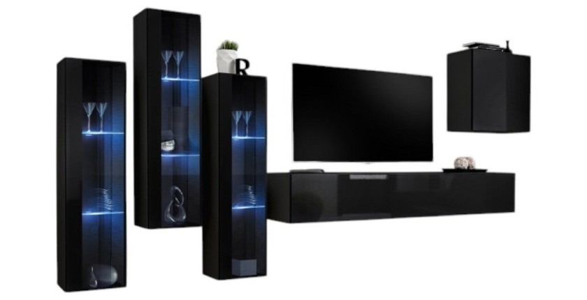 Ensemble meuble salon mural SWITCH XIII design, coloris noir brillant.