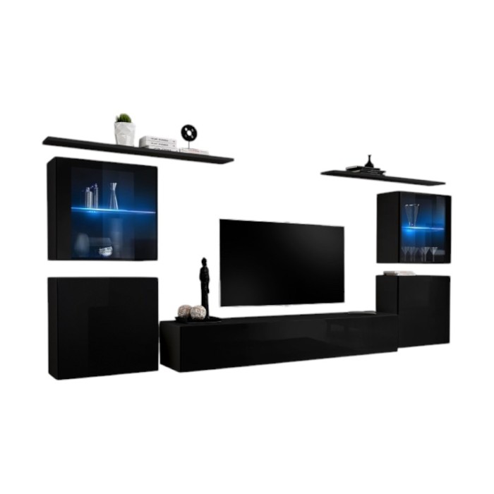 Ensemble meuble salon mural SWITCH XIV design, coloris noir brillant.