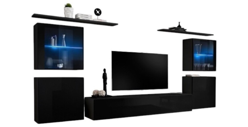 Ensemble meuble salon mural SWITCH XIV design, coloris noir brillant.