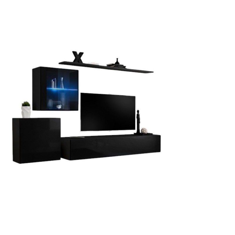 Ensemble meuble salon mural SWITCH XV design, coloris noir brillant.