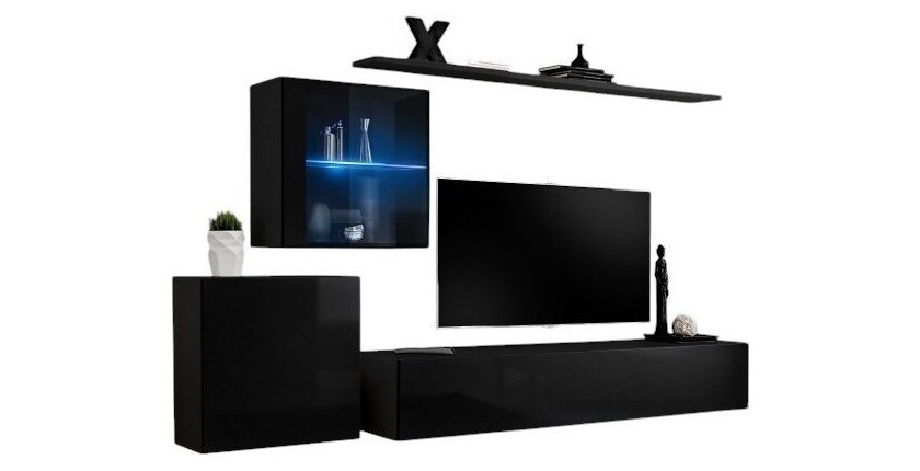 Ensemble meuble salon mural SWITCH XV design, coloris noir brillant.