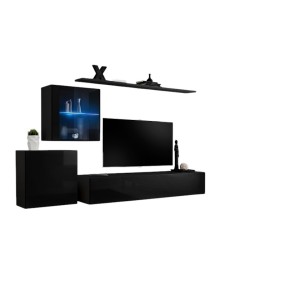 Ensemble meuble salon mural SWITCH XV design, coloris noir brillant.