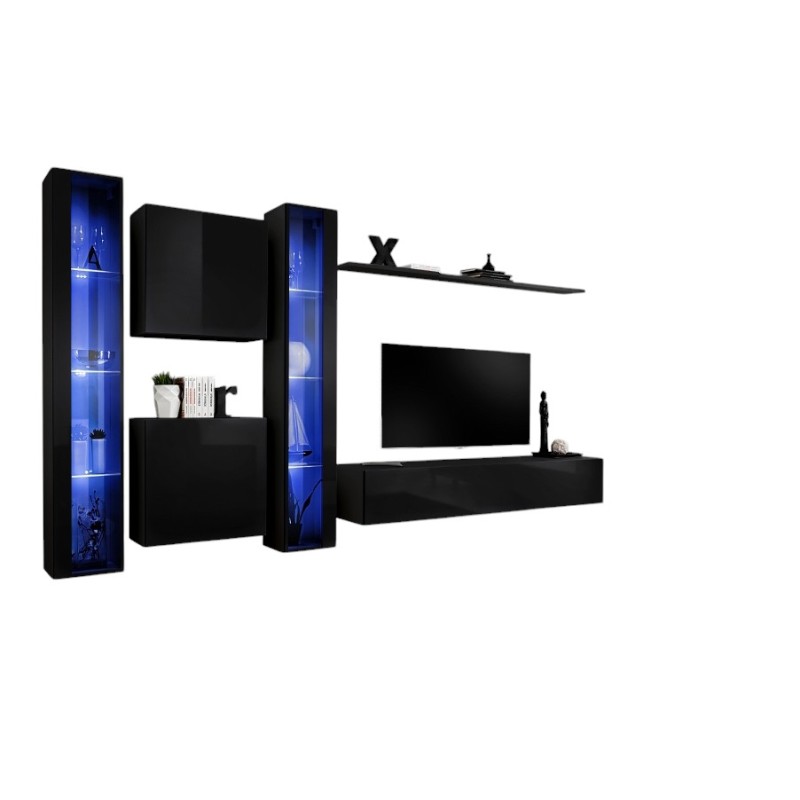 Ensemble meuble salon mural SWITCH XVI design, coloris noir brillant.