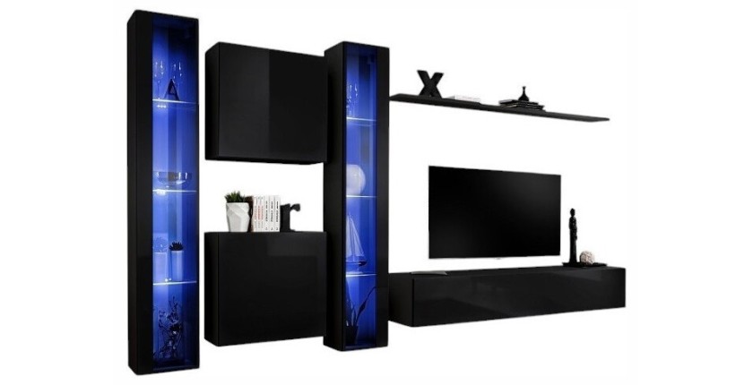 Ensemble meuble salon mural SWITCH XVI design, coloris noir brillant.