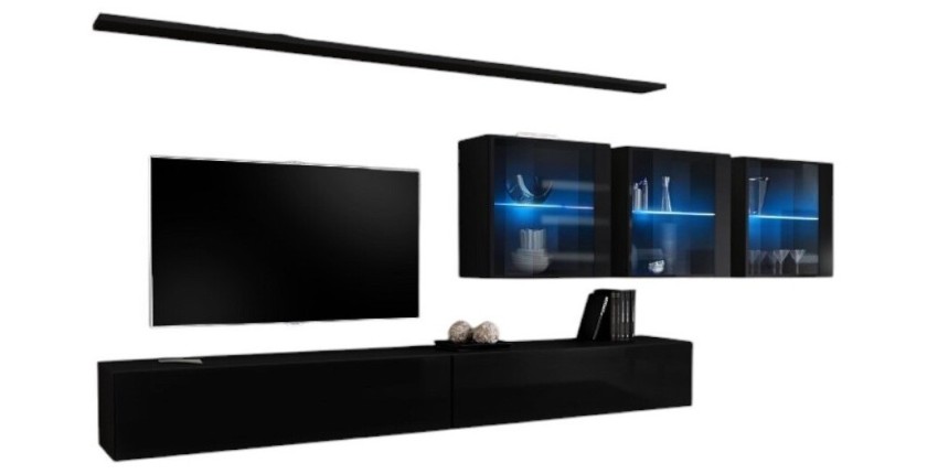 Ensemble meuble salon mural SWITCH XVII design, coloris noir brillant.