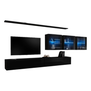 Ensemble meuble salon mural SWITCH XVII design, coloris noir brillant.