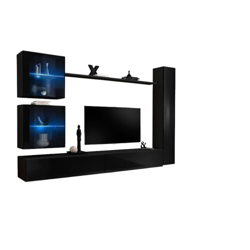 Ensemble meuble salon mural SWITCH XVIII design, coloris noir brillant.