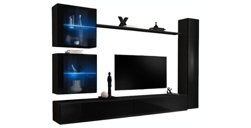 Ensemble meuble salon mural SWITCH XVIII design, coloris noir brillant.