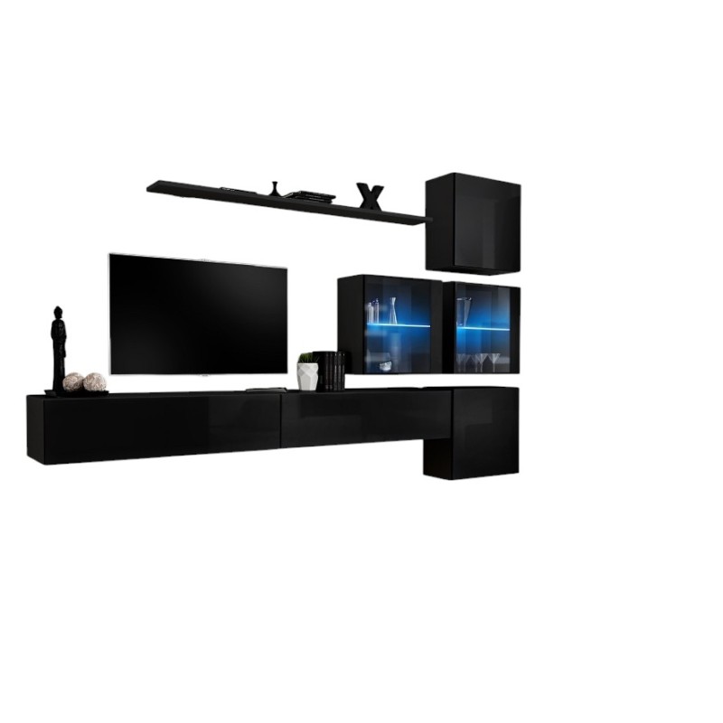 Ensemble meuble salon mural SWITCH XIX design, coloris noir brillant.