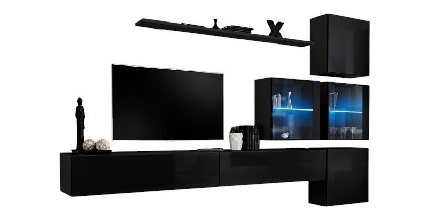 Ensemble meuble salon mural SWITCH XIX design, coloris noir brillant.