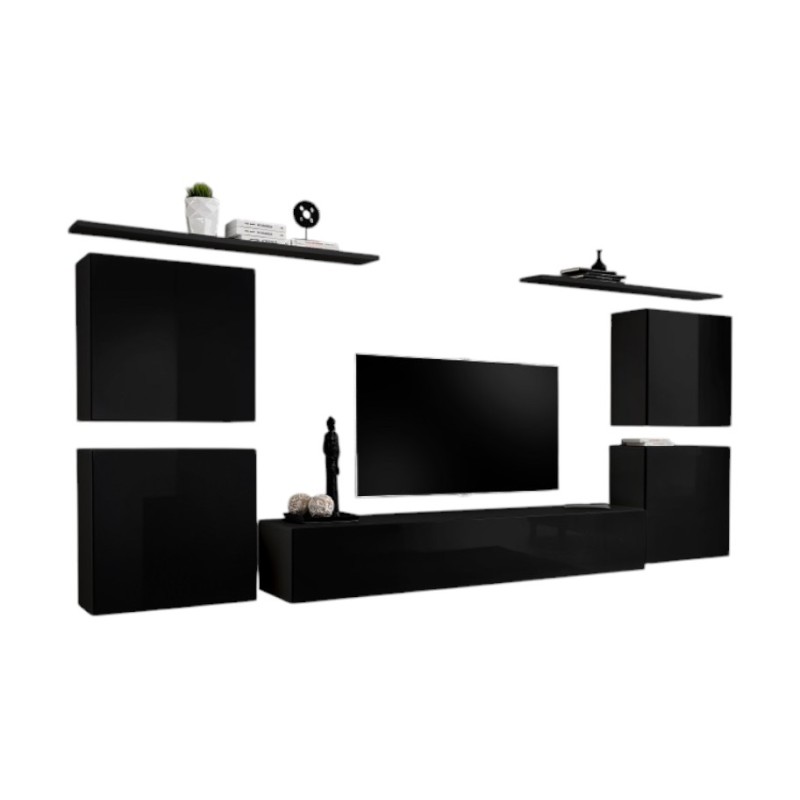 Ensemble meuble salon SWITCH IV design, coloris noir brillant.