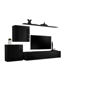 Ensemble meuble salon mural SWITCH V design, coloris noir brillant.