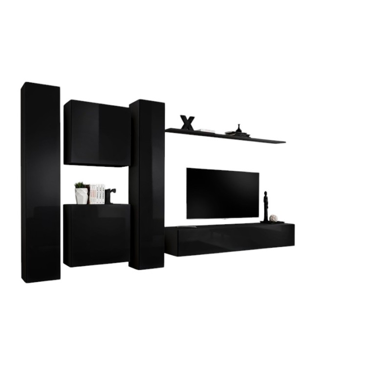 Ensemble meuble salon SWITCH VI design, coloris noir brillant.