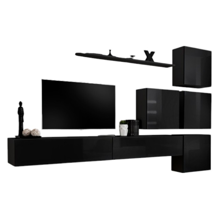 Ensemble meuble salon mural SWITCH IX design, coloris noir brillant.