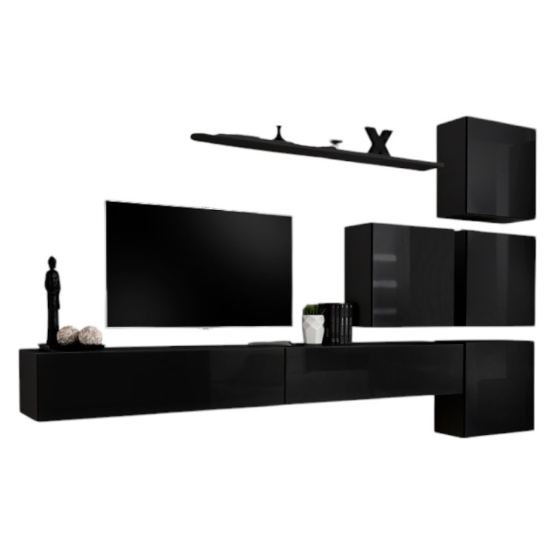 Ensemble meuble salon mural SWITCH IX design, coloris noir brillant.