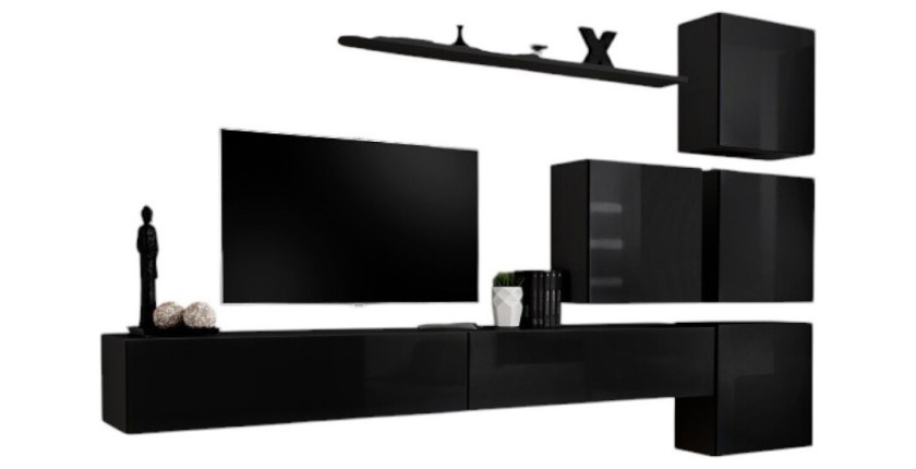 Ensemble meuble salon mural SWITCH IX design, coloris noir brillant.