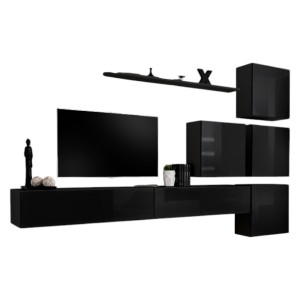 Ensemble meuble salon mural SWITCH IX design, coloris noir brillant.