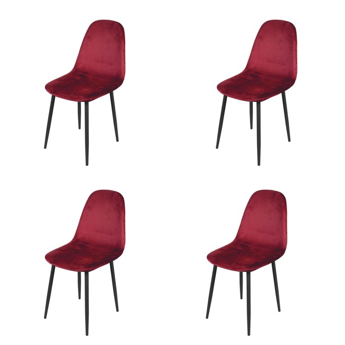 Lot de 4 chaises LOLY, assise et dossier en velours bordeaux, structure en métal noir