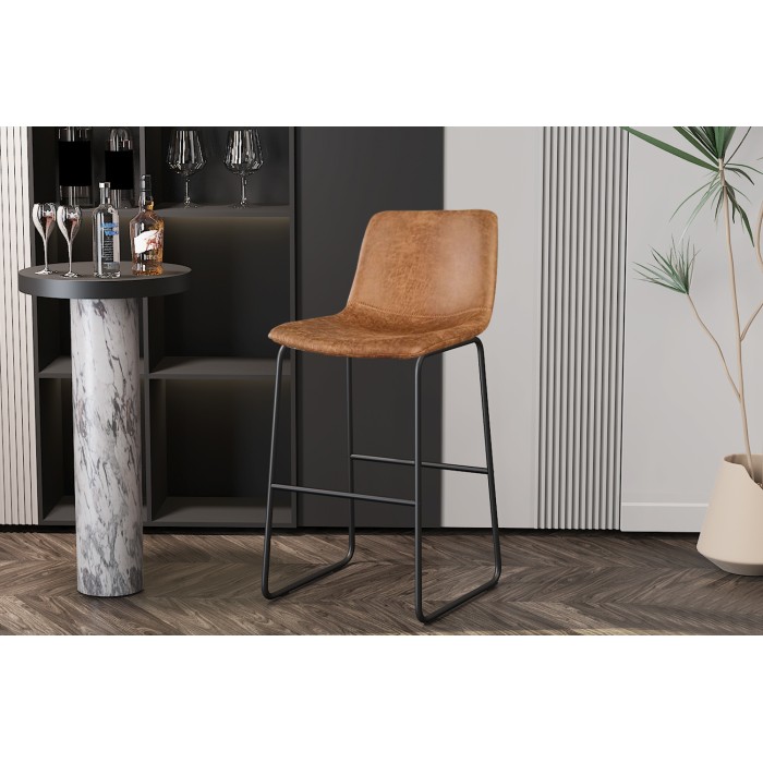 Chaise de comptoir MANCO – PU cognac – Pieds en métal – Hauteur 93 cm – Style vintage