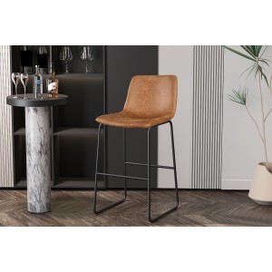 Chaise de comptoir MANCO – PU cognac – Pieds en métal – Hauteur 93 cm – Style vintage