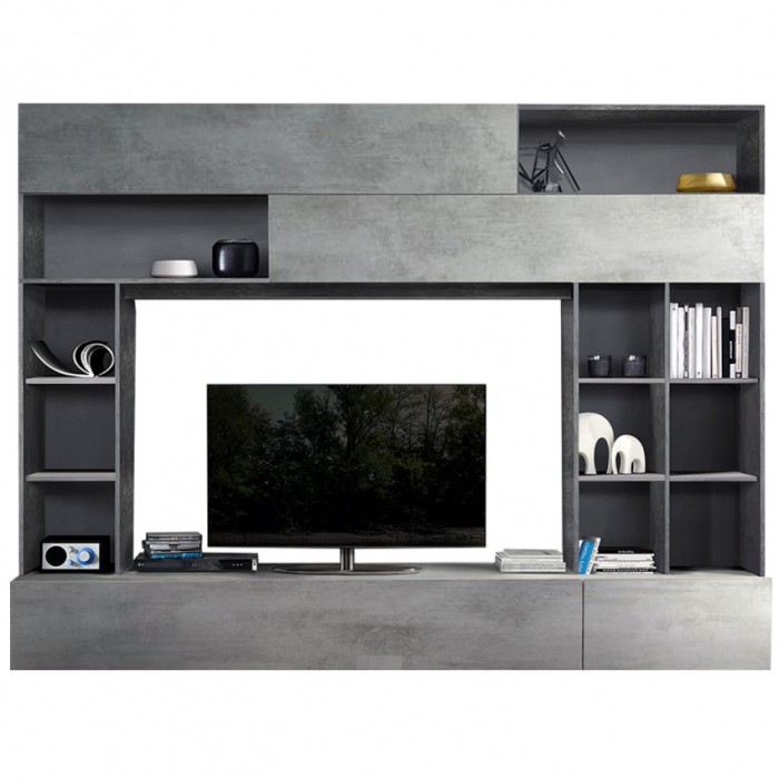 Composition murale pour salon avec nombreux rangements coloris gris effet béton collection PATIO.