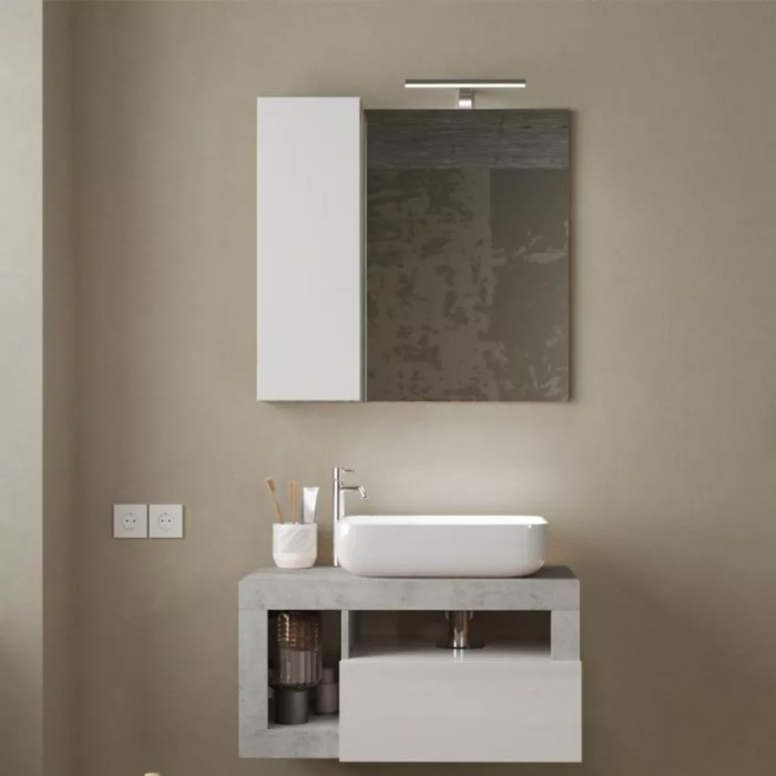 Miroir BURA – Design avec rangement, 78x75 cm, coloris blanc brillant et béton