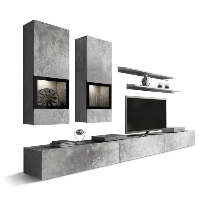 Ensemble meubles de salon design collection RAMOS. Coloris gris effet béton. LED intégrées.