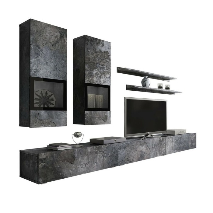 Ensemble meubles de salon design collection RAMOS. Coloris gris effet ardoise. LED intégrées.