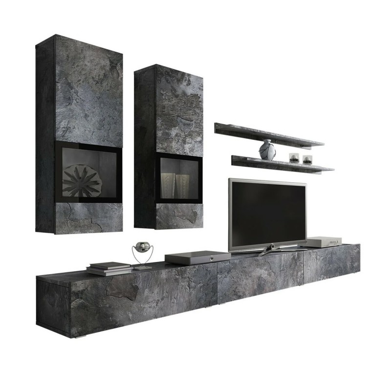 Ensemble meubles de salon design collection RAMOS. Coloris gris effet ardoise. LED intégrées.