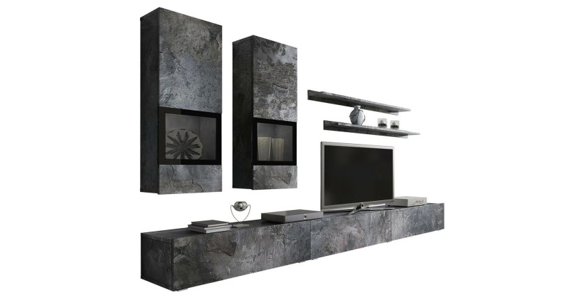 Ensemble meubles de salon design collection RAMOS. Coloris gris effet ardoise. LED intégrées.