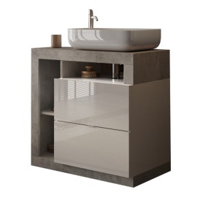 Meuble de salle de bain BURA – 79 cm – Blanc brillant et béton – Vasque incluse – 2 tiroirs
