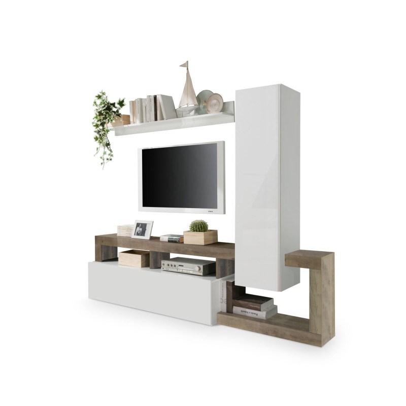 Ensemble meubles salon avec rangements, collection BURA, longueur 219 cm, blanc laqué/chêne cadiz