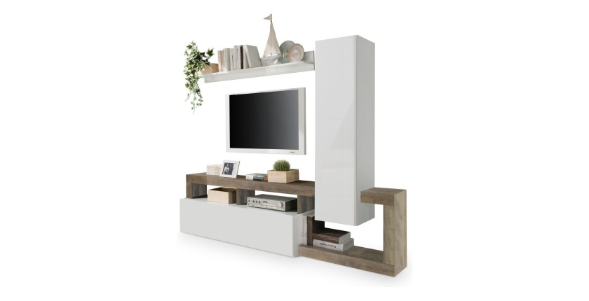 Ensemble meubles salon avec rangements, collection BURA, longueur 219 cm, blanc laqué/chêne cadiz