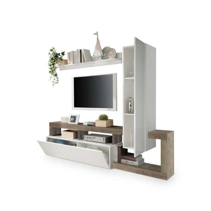 Ensemble meubles salon avec rangements, collection BURA, longueur 219 cm, blanc laqué/chêne cadiz