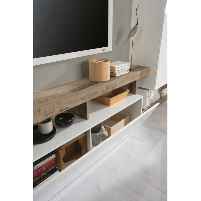 Ensemble meubles salon avec rangements, collection BURA, longueur 219 cm, blanc laqué/chêne cadiz