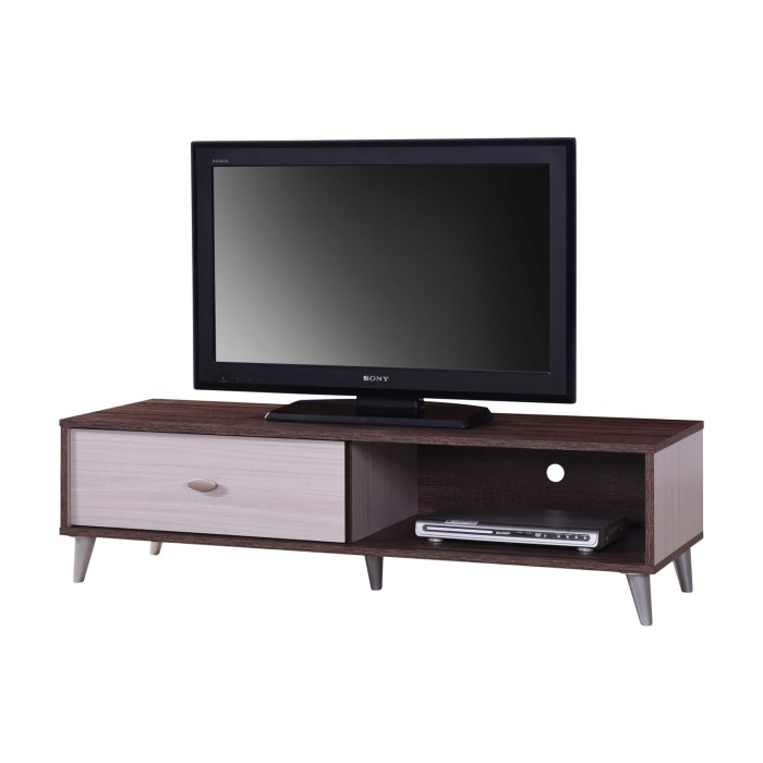 Meuble TV BODRUM 120 cm avec une porte coulissante coloris noyer et blanc.