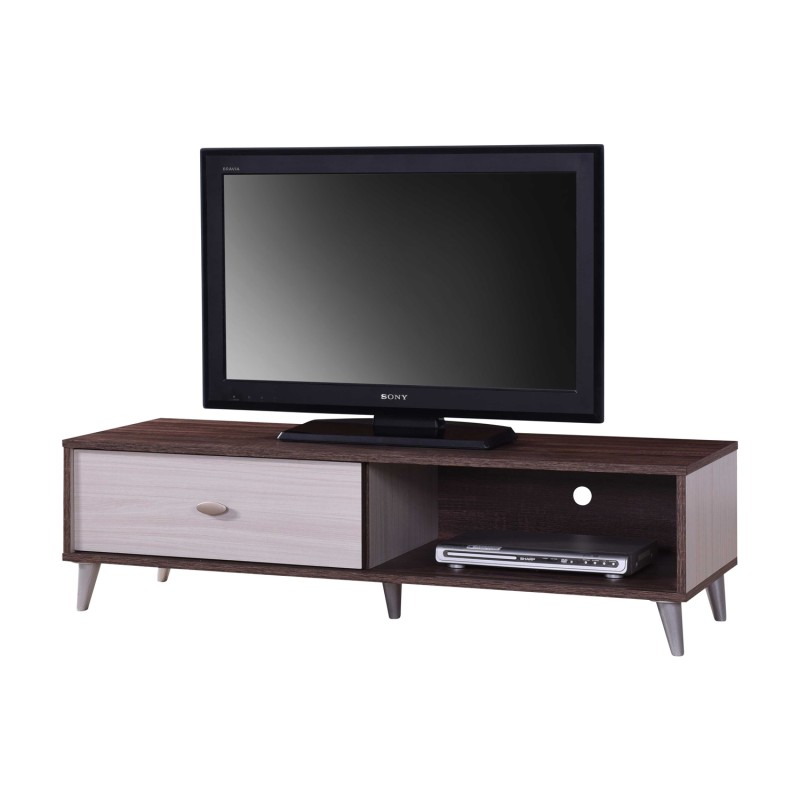 Meuble TV BODRUM 120 cm avec une porte coulissante coloris noyer et blanc. Meuble TV BODRUM 120 cm avec une porte coulissante coloris noyer et blanc.