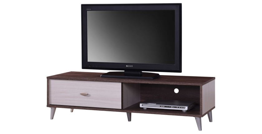 Meuble TV BODRUM 120 cm avec une porte coulissante coloris noyer et blanc.