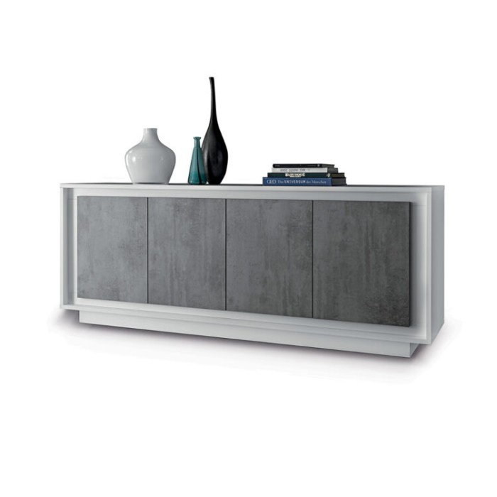 Buffet 4 portes en bois, collection FALL, coloris blanc brillant laqué et gris aspect béton
