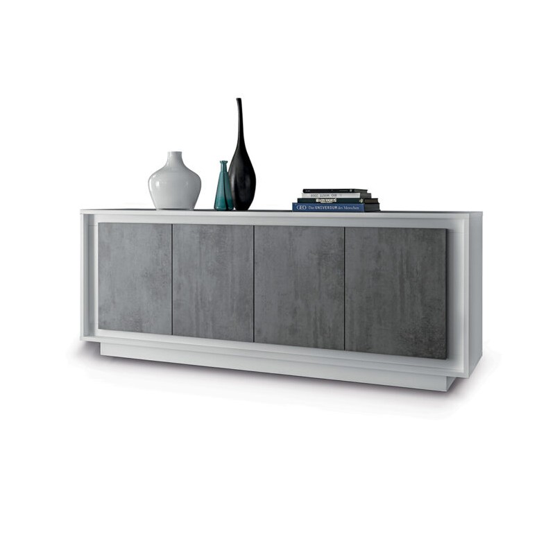 Buffet 4 portes en bois, collection FALL, coloris blanc brillant laqué et gris aspect béton