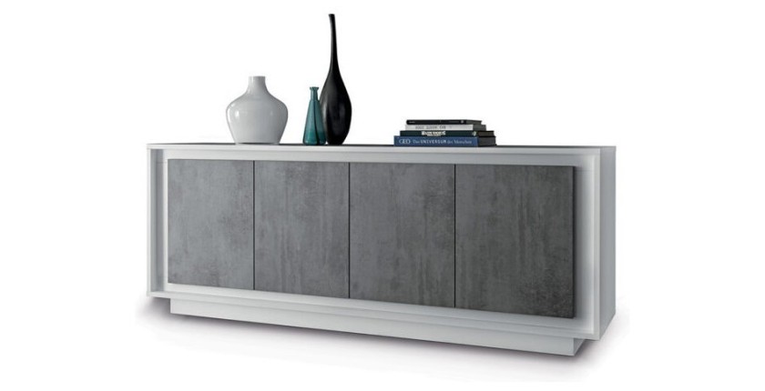 Buffet 4 portes en bois, collection FALL, coloris blanc brillant laqué et gris aspect béton