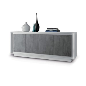 Buffet 4 portes en bois, collection FALL, coloris blanc brillant laqué et gris aspect béton