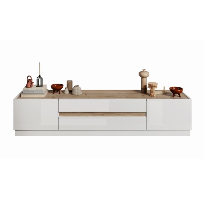 Meuble TV 205cm collection FANZY. Coloris blanc laqué et chêne clair, idéal dans un salon design